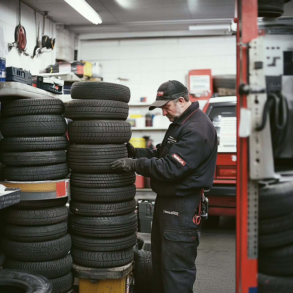 Technicien de Pneus Auto 91 dans un garage à Linas manipulant des pneus d'occasion empilés.
