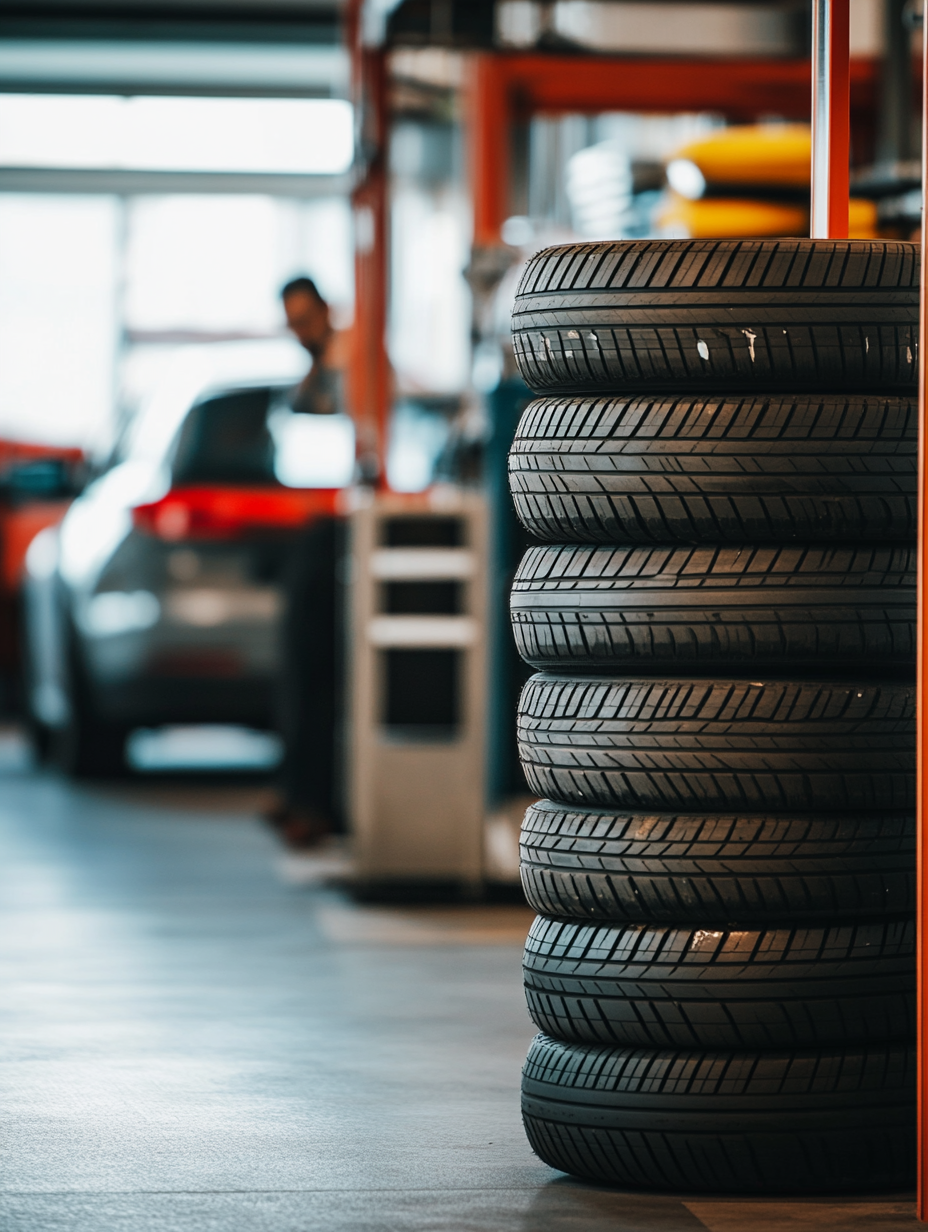 Pile de pneus d'occasion dans un garage, prête pour la vente.
