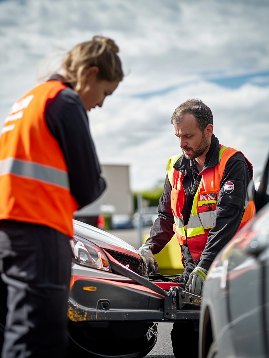 Techniciens effectuant un service de remorquage sécurisé en bord de route.