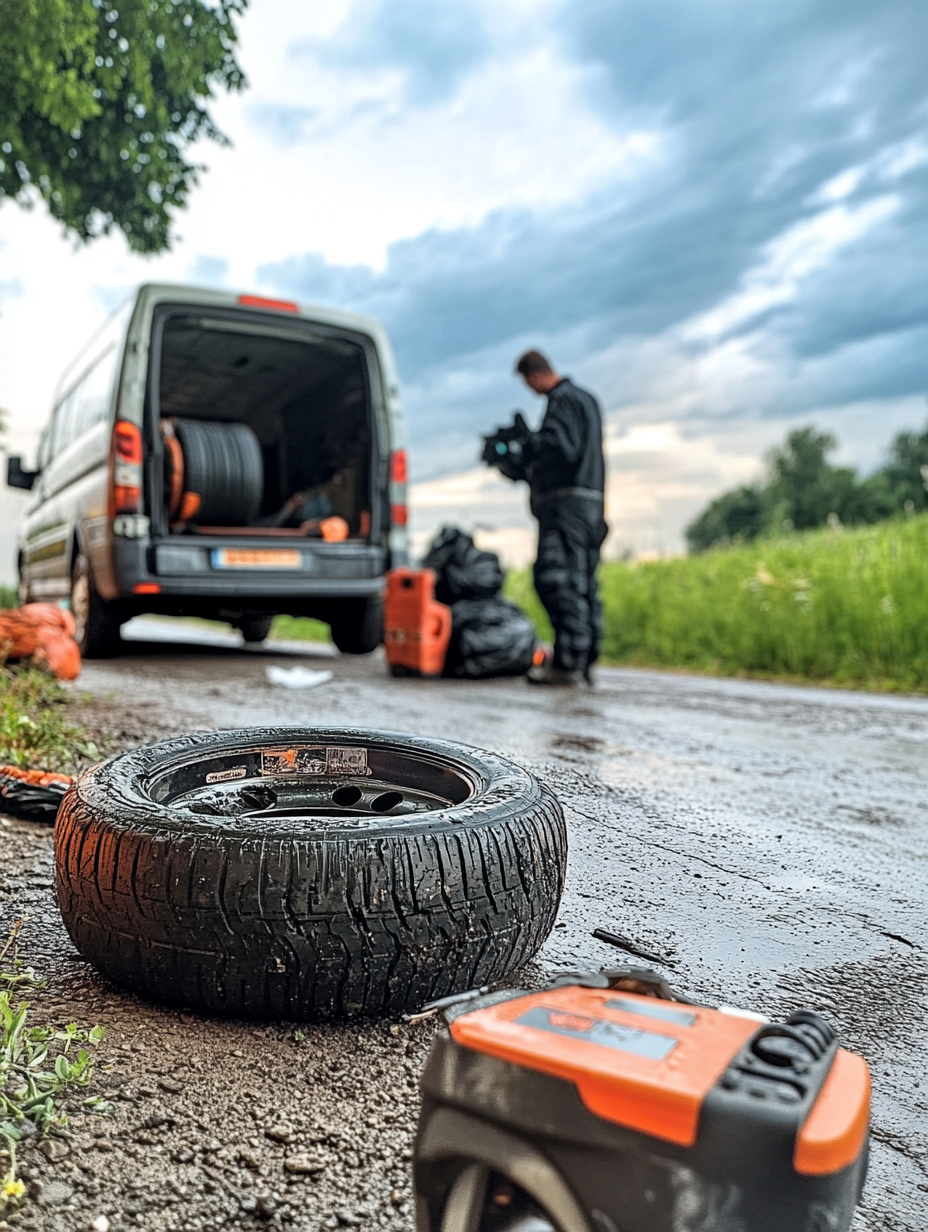 Technicien effectuant un dépannage de pneu en bord de route avec un véhicule de service.