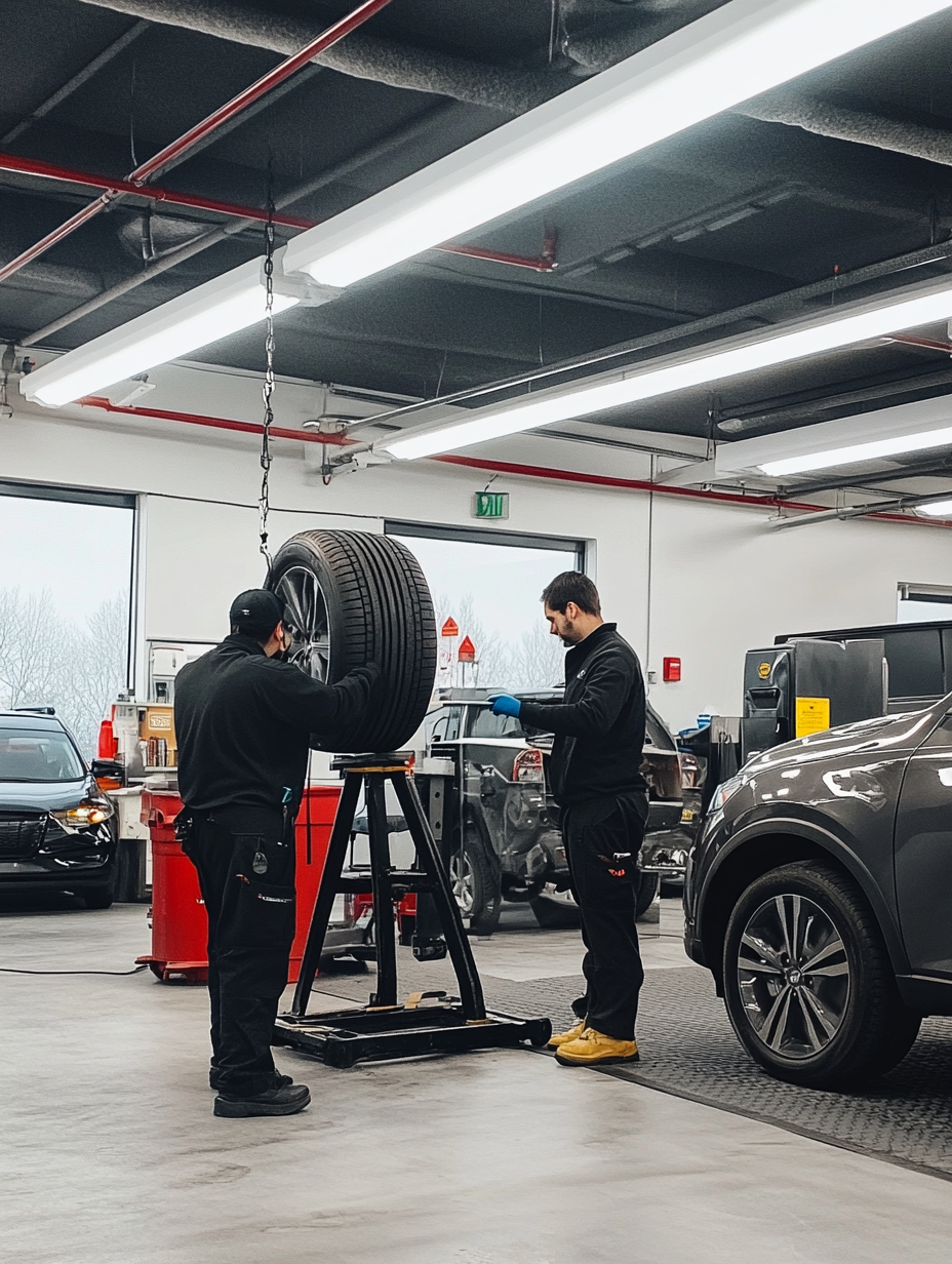Techniciens effectuant le montage de pneus sur un véhicule dans un garage moderne.