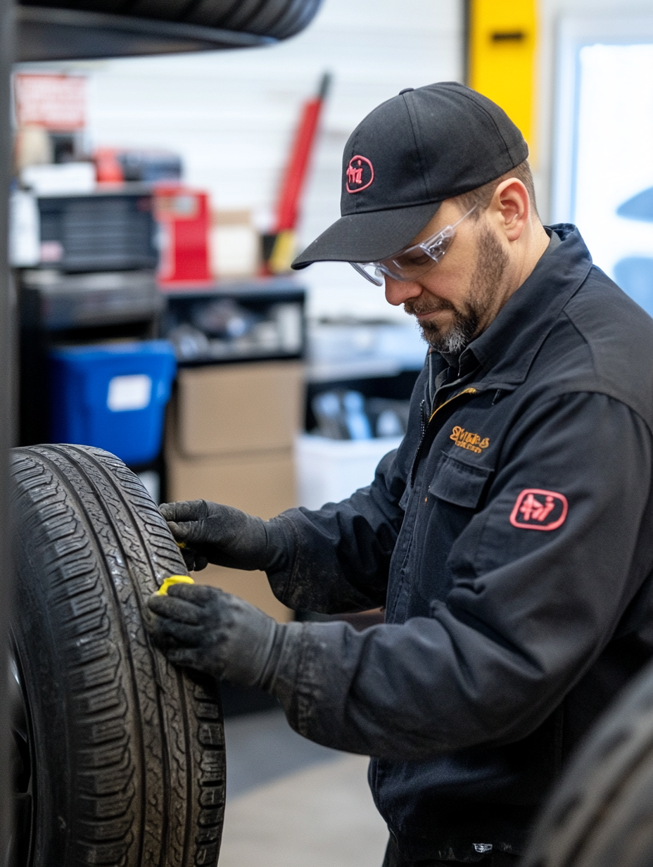 Technicien inspectant un pneu pour évaluer les réparations nécessaires.